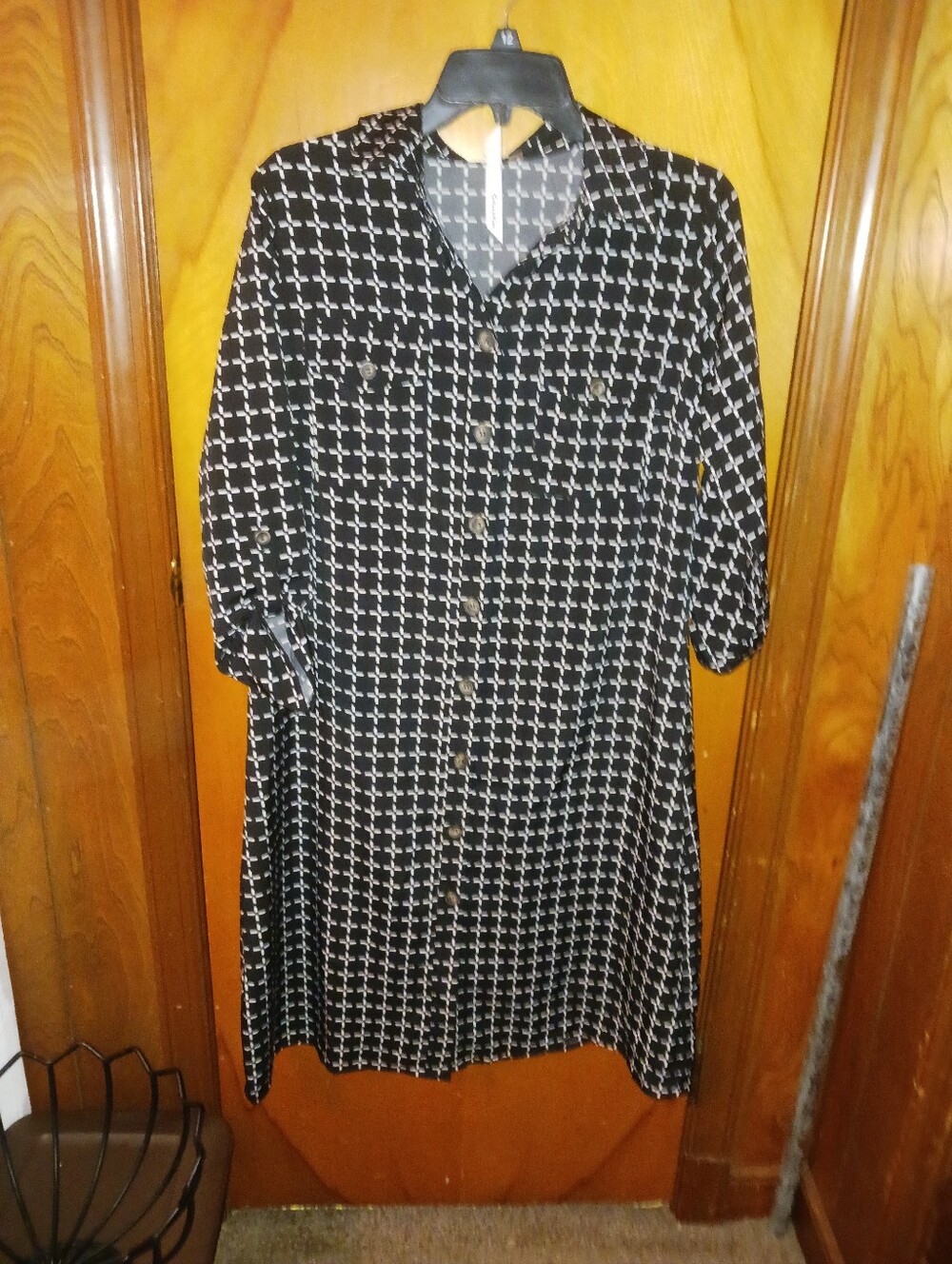 Black and White Patterned Button-Front Women's Dress